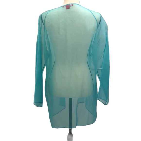 SHAMASK BEADED TURQUIOSE BLUE SILK ORGANZA OPEN JACKET - Picture 9 of 13